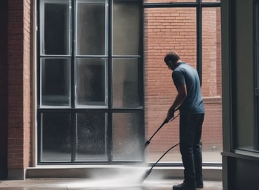 Technician carefully washing windows of a modern home using professional equipment.