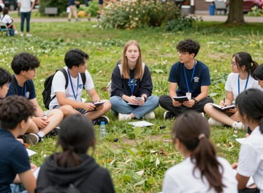 Students presenting their environmental study project in a classroom setting.