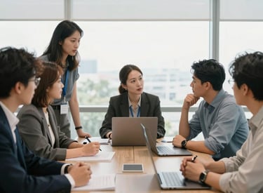 A collaborative professional workshop in a bright North American office, group members in business casual attire engaging in a strategy session, natural lighting, modern corporate aesthetic.