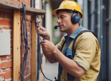 A person holding a yellow device stands next to an open telecommunications cabinet mounted on a wooden wall. The cabinet contains various networking and telecommunications equipment, including cables, routers, and a device with AT&T branding. A wall-mounted router with antennas is visible to the right.