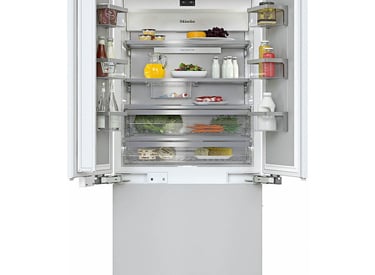 a refrigerator with a refrigerator door open and a refrigerator door open