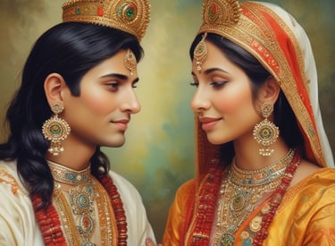 A pair of hands is positioned palms-up on a cloth featuring zodiac signs and a sun-like face. A stack of tarot cards, adorned with mystical symbols, rests on the cloth, surrounded by scattered blue glass beads.