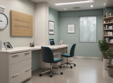 A medical examination room with a computer on a desk, storage shelves filled with medical supplies, and a BMI chart on the wall. The desk contains various bottles, papers, and electronic equipment. The room is equipped with medical gloves and a sharps disposal container mounted on the wall.