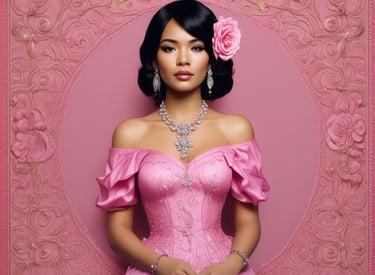 a woman in a pink dress with pearls and pearls