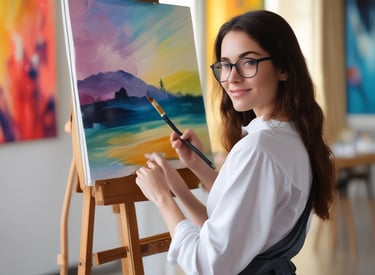 A person with an apron stands in a sunlit studio by a large window, working on a blank canvas on an easel. The floor is wooden, and there are tablets with colorful digital art resting on a nearby table. The walls are white and exposed brick.