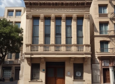 A luxurious multi-story residential building with a waterfront location, surrounded by palm trees and clear blue water. The architecture is elegant with arched windows and a light color palette.
