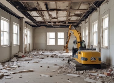 A partially demolished building with exposed brickwork and remnants of a wall. Rubble and debris cover the ground, and there are visible cords and structural elements. The scene suggests ongoing demolition or abandonment.