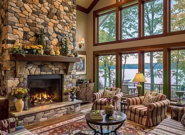 masonry fireplace refacing example in Fontana, on Geneva Lake, Wisconsin