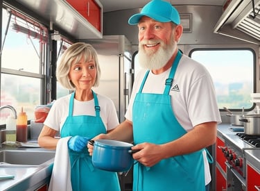 Cindy and Rodney Niemier wearing aprons
