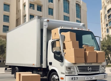 A busy city street scene with moving and delivery trucks parked alongside, surrounded by various equipment and boxes. Traffic cones and barricades labeled 'DANELLA' line the roadway. Several vehicles, including a white car and a red moving truck, are visible. Pedestrians and large buildings flank the street.