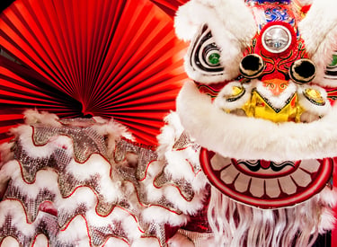 A colorful Chinese Lion Dance costume with white fur and silver scales next to a red paper fan.