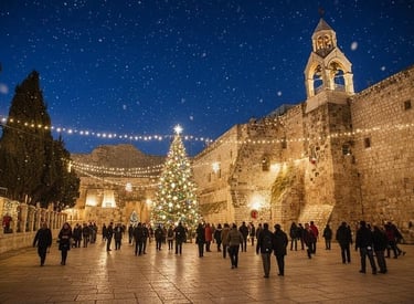 Crowds gather at Manger Square in Bethlehem to see the illuminated Christmas tree and Church of the Nativity.