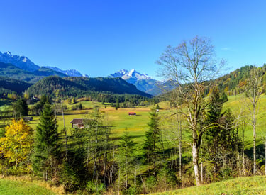Scenic alpine landscape in the Bavarian Alps with green meadows, rustic wooden huts, and snow-capped mountains.