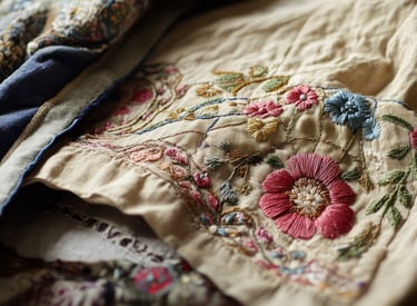 Close-up of intricate floral hand embroidery with pink and blue blossoms on vintage beige fabric.
