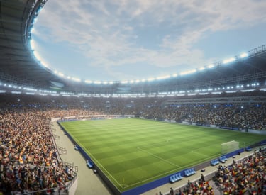 Wide angle view of a crowded football stadium with bright lights and a green grass pitch.