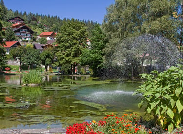 Scenic park in an Alpine village featuring a water fountain, lush gardens, and traditional mountain houses.