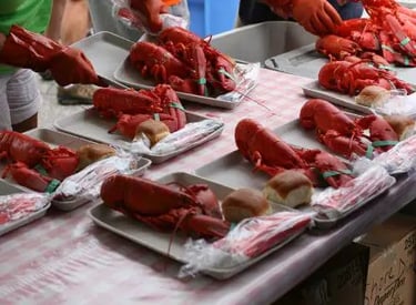 Trays of fresh steamed whole red lobsters served with bread rolls at a traditional Maine lobster bake.