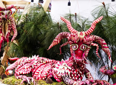 Intricately carved radish sculptures of mythical creatures at the Noche de Rábanos festival in Oaxaca.