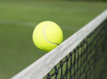 A yellow tennis ball hitting the top of a white net on a grass court during a match.