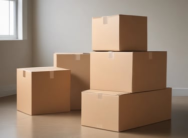 Cardboard boxes are stacked with a focus on one sealed with tape. The lighting is dim, casting shadows around and emphasizing textures.