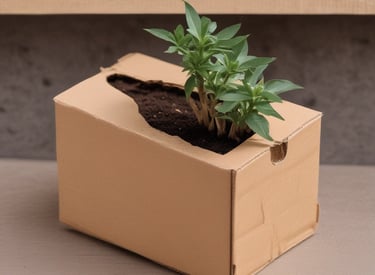 A brown cardboard box with a handle on top, featuring branding and the text 'GRUPOSEPAPEL'. The surface appears smooth with a seal-like logo and text in white.