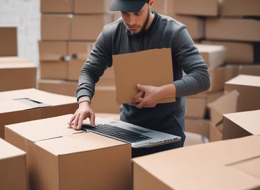 A large number of white cartons with black text saying 'Boxed Water is Better' are piled together. The cartons have graphics and text promoting sustainability.