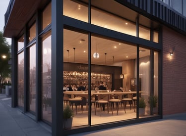 A multi-story building with a business on the ground floor displaying a sign for an architectural company. The facade includes balconies with railings. In front of the entrance, there is a table covered with a red cloth, adorned with decorative floral arrangements. Motorbikes are parked along the sidewalk and there are some potted plants on a ledge above the entrance.