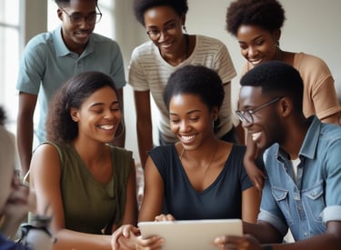 A group of diverse young adults engaged in a workshop setting, collaborating on projects.