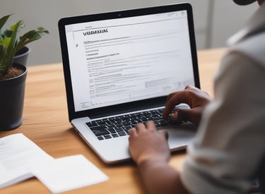 A close-up of a young black student reviewing a CV on a laptop, focused and determined.