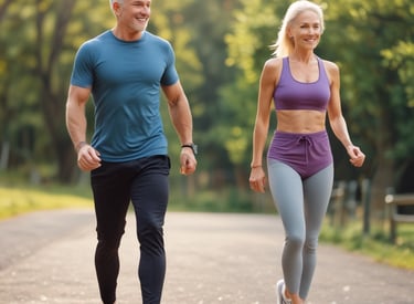 A vibrant elderly couple enjoying an active outdoor lifestyle.