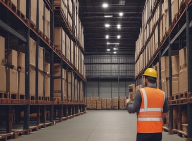 A professional conducting a logistics audit in a warehouse.