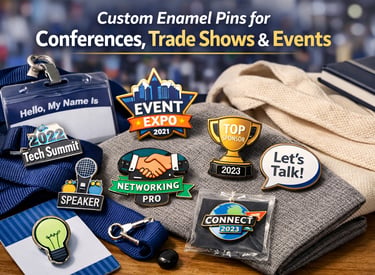 Custom enamel pins designed for conferences, trade shows, and events displayed on lanyards and bags