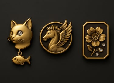 a collection of gold - plated jewelry with a cat