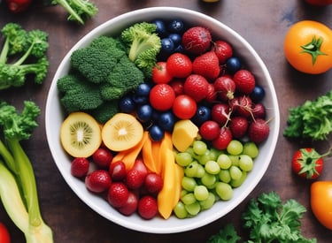 um prato de frutas e vegetais na mesa