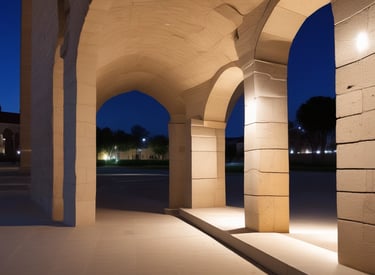 A multi-level interior space features intersecting staircases and illuminated exit signs, creating a geometric architectural design. The ambient lighting is dim, with turquoise hues casting a serene atmosphere across concrete textures.