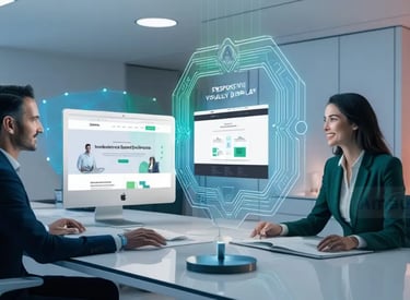 Un hombre y una mujer en un ambiente de oficina moderna analizan diseños web interactivos proyectados en hologramas.