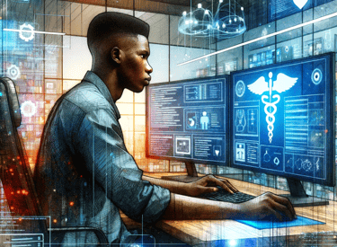watercolor drawing of a future African software developer, specialized in healthcare programs