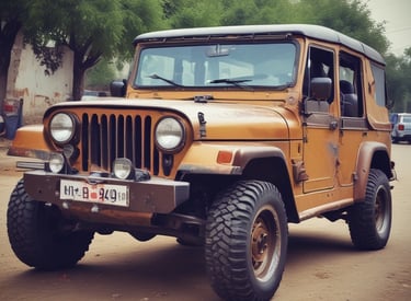 A yellow Jeep with a front view, featuring distinctive smiley face covers on its side mirrors. It is parked in an open area with some buildings and other cars visible in the background. The front bumper has additional lights and a Massachusetts license plate.