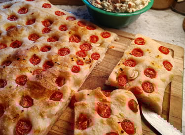 Tomato Focaccia, Chicken salad, Sharp Knife