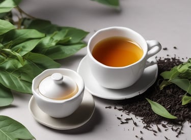 A cup of red herbal tea sits on an ornate plate with a floral pattern, placed alongside green eucalyptus leaves. A second decorative plate holds dried fruit, also adorned with eucalyptus sprigs, arranged on a clean, white surface.