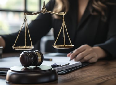 Abogada con la balanza de la justicia y el mazo de un juez