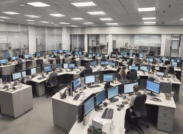 Photo of a busy logistics office with dispatchers coordinating truck routes.