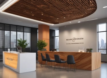 A modern office reception area with a polished floor and stylish wooden ceiling. The space features large windows offering a city view, contemporary seating arrangements, two reception desks with minimalist design, and a prominent logo on an illuminated wall. There are also decorative elements such as potted plants and ambient lighting.