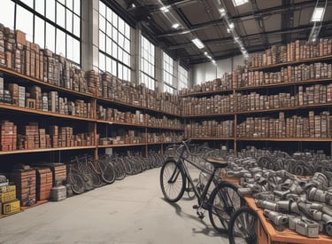 A modern bike shop interior with several bicycles lined up on a wooden floor. The shop has a bright and clean aesthetic, with an orange and white color scheme. Bike accessories and helmets are visible on display shelves behind the counter.
