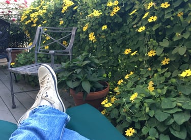 Photo of legs and feet in jeans and sneakers with flowers in the background author Robert Ellis lounging on his terrace.