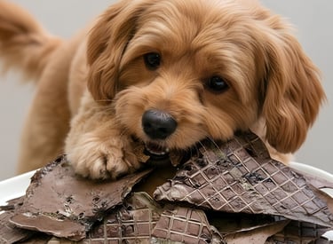 A small brown puppy chewing on a pile of lamb puff dog treats.