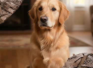Golden retriever dog sitting near chewed floor tiles and household damage in a living room.