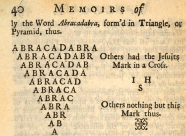 Depiction of a triangular ‘abracadabra’ in Defoe’s Journal of the Plague Year (1722)