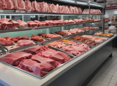 A display of fresh halal meats in a butcher shop.