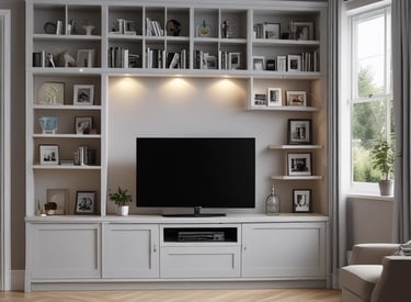An intricately carved wooden cabinet with ornamental designs and inlaid mirror panels. The cabinet is placed against a yellow wall and has a rich antique appearance. It features detailed floral patterns and arch-shaped designs on its door panels. The top section has a decorative crest and a series of small reflective surfaces below it, showing signs of aging.
